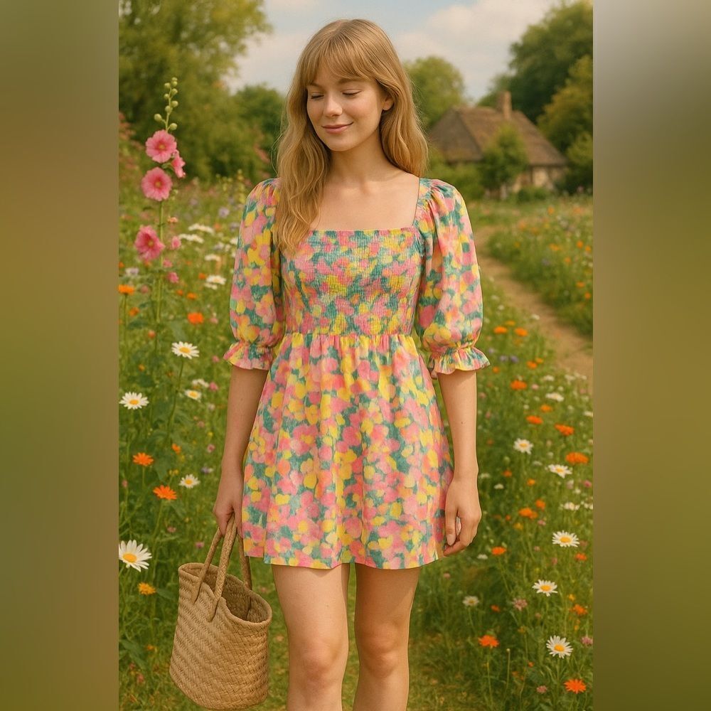 GAP Floral Smocked Puff Sleeve Mini Dress 🌼 | Size L | Cottagecore Dream 🌿